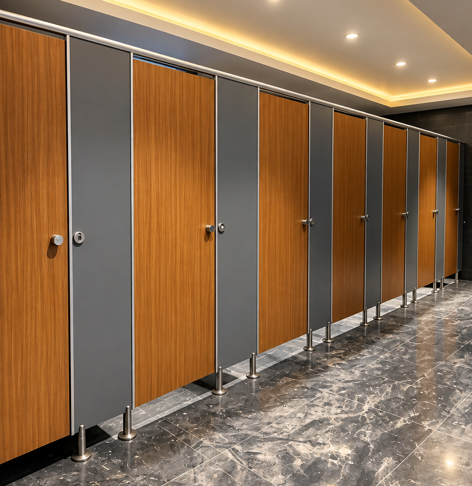 Alu-SS Series Toilet Cubicles installed in a contemporary commercial washroom