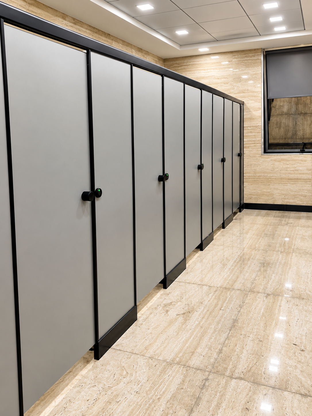 VISTARAA Nylon Boxup Series Toilet Cubicles installed in a modern commercial restroom