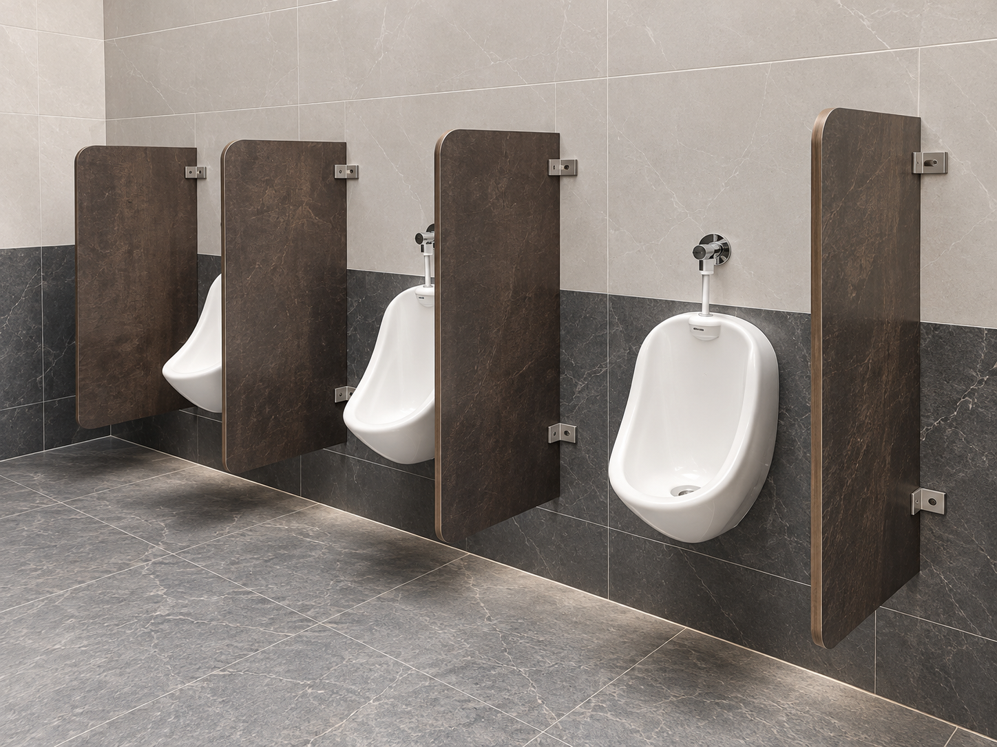 Urinal partitions providing individual privacy in a modern commercial restroom