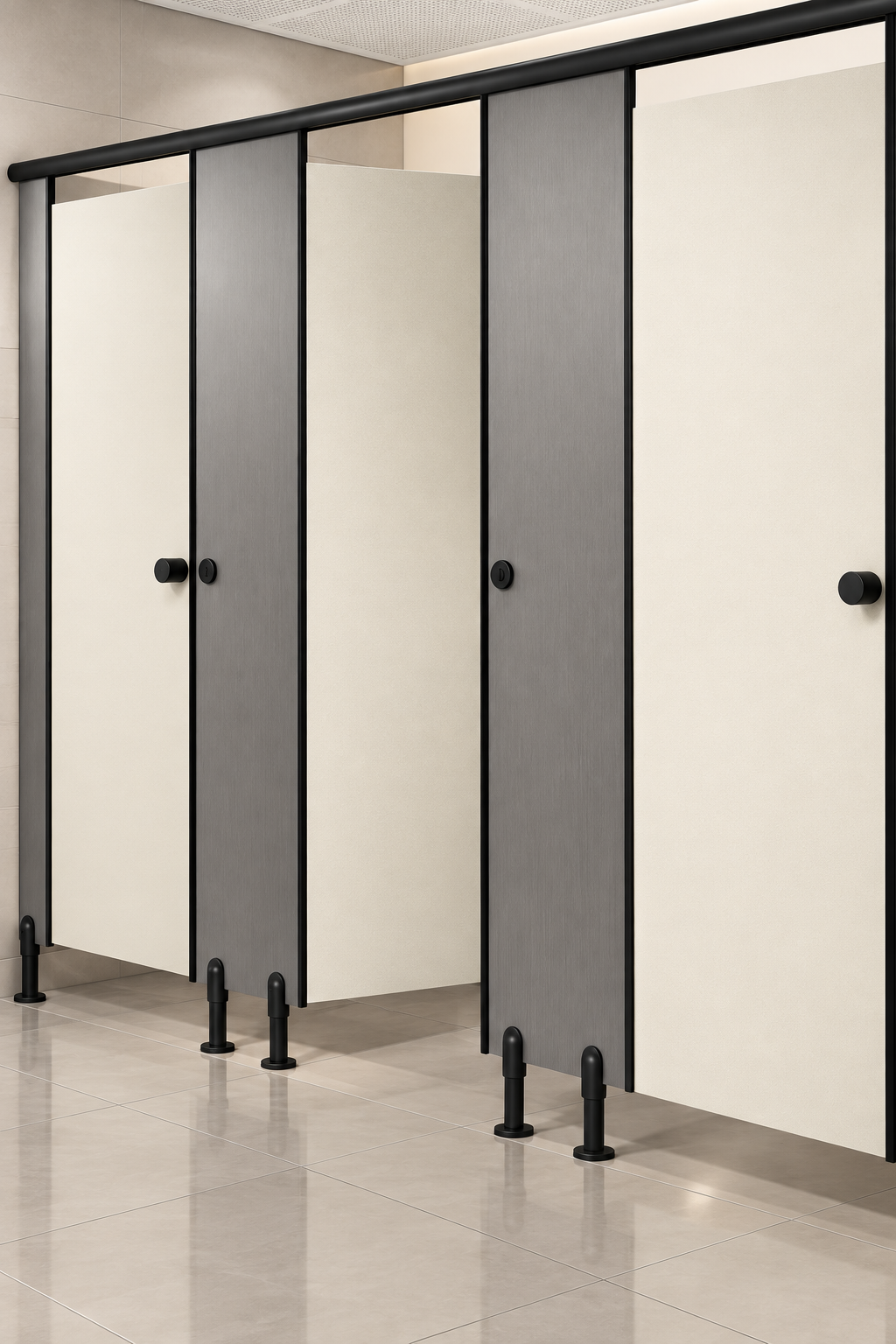 Modern commercial restroom with partition installations