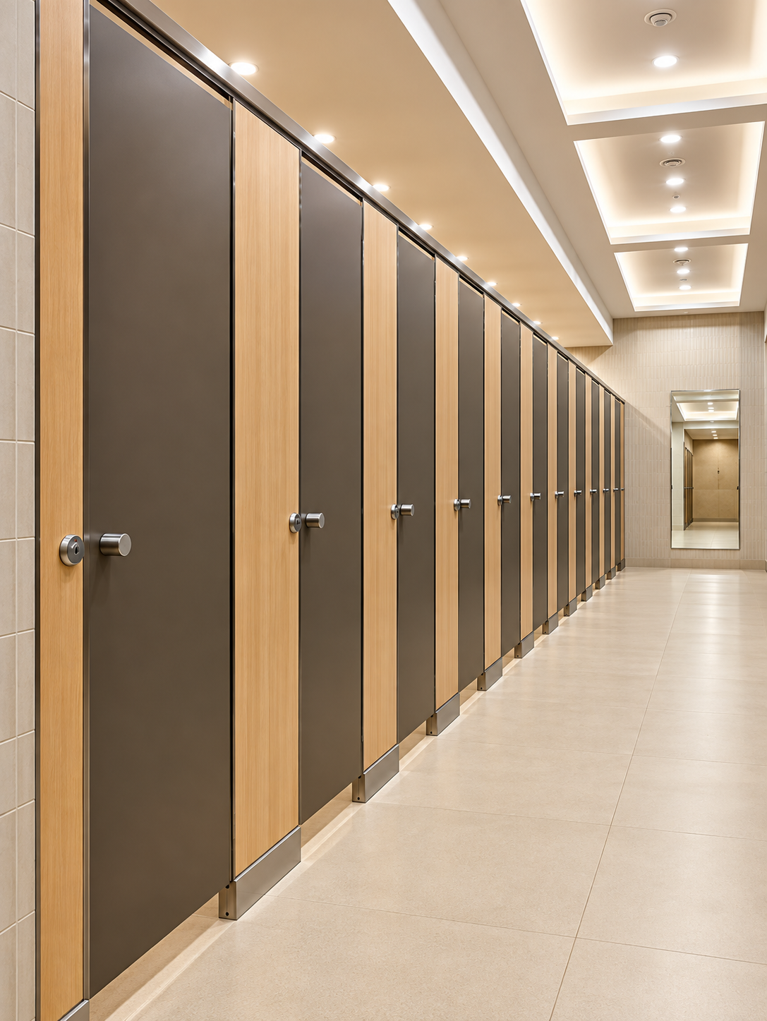 VISTARAA Pure SS Boxup Series cubicles in a premium commercial restroom