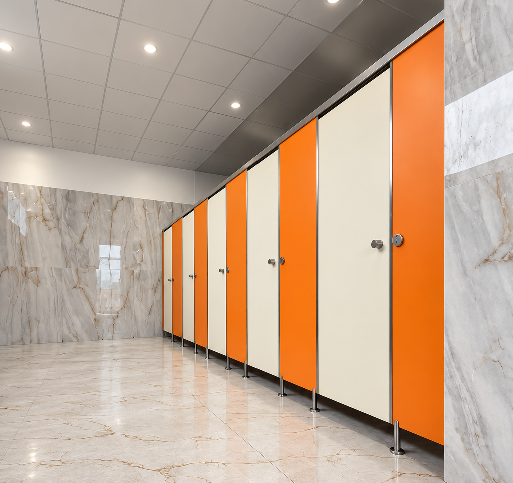 Vistaraa Pure SS Series stainless-steel toilet cubicles in a premium commercial washroom