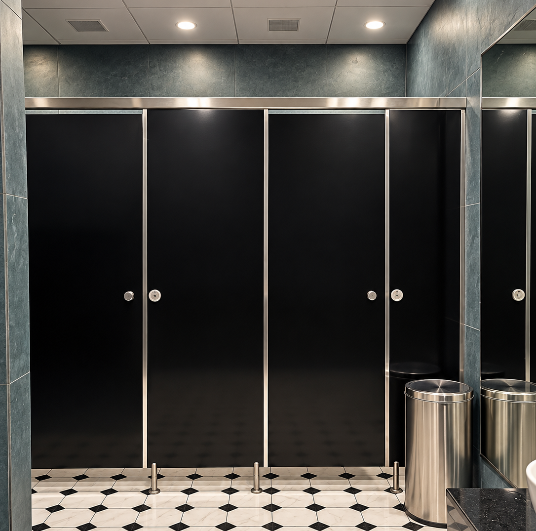 Vistaraa Pure SS Series toilet cubicles in a premium commercial washroom