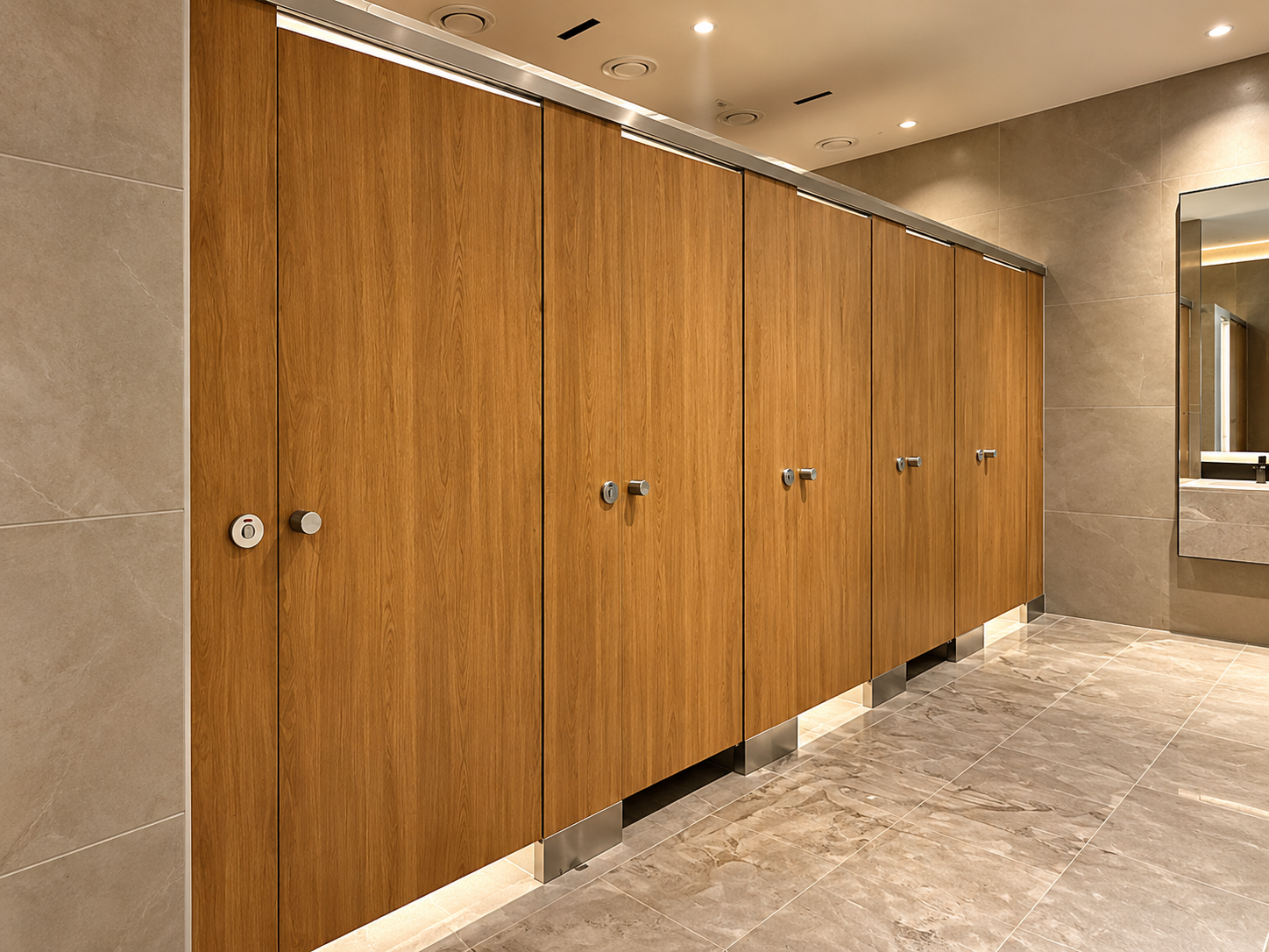 VISTARAA Pure SS Boxup Series toilet cubicles installed in a premium commercial restroom