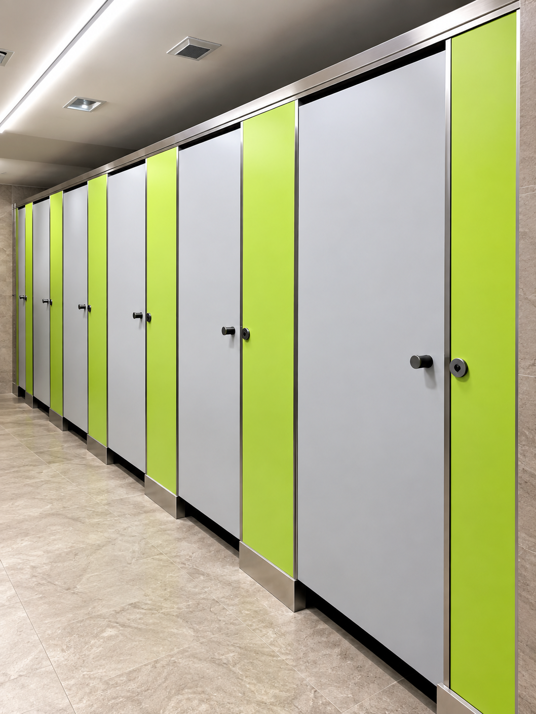 VISTARAA Pure SS Boxup Series toilet cubicles in a premium commercial restroom